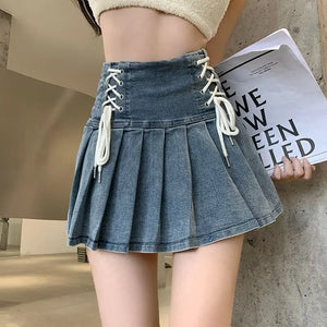 Lace-up Denim Pleated Skirts