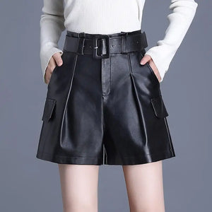 PU Leather with Belt Pockets Shorts