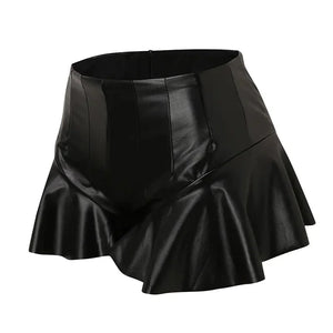 High Waist Solid Color PU Leather Ruffle Trim Short