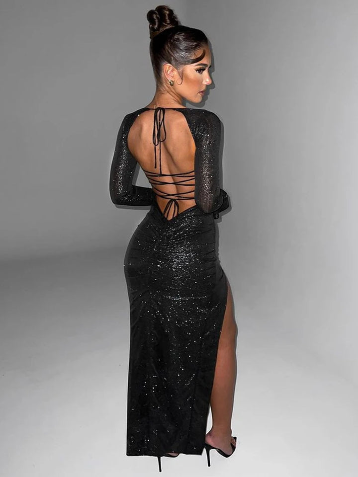 Sparkle Mesh High Split Sexy Maxi Dress