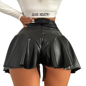 High Waist Solid Color PU Leather Ruffle Trim Short