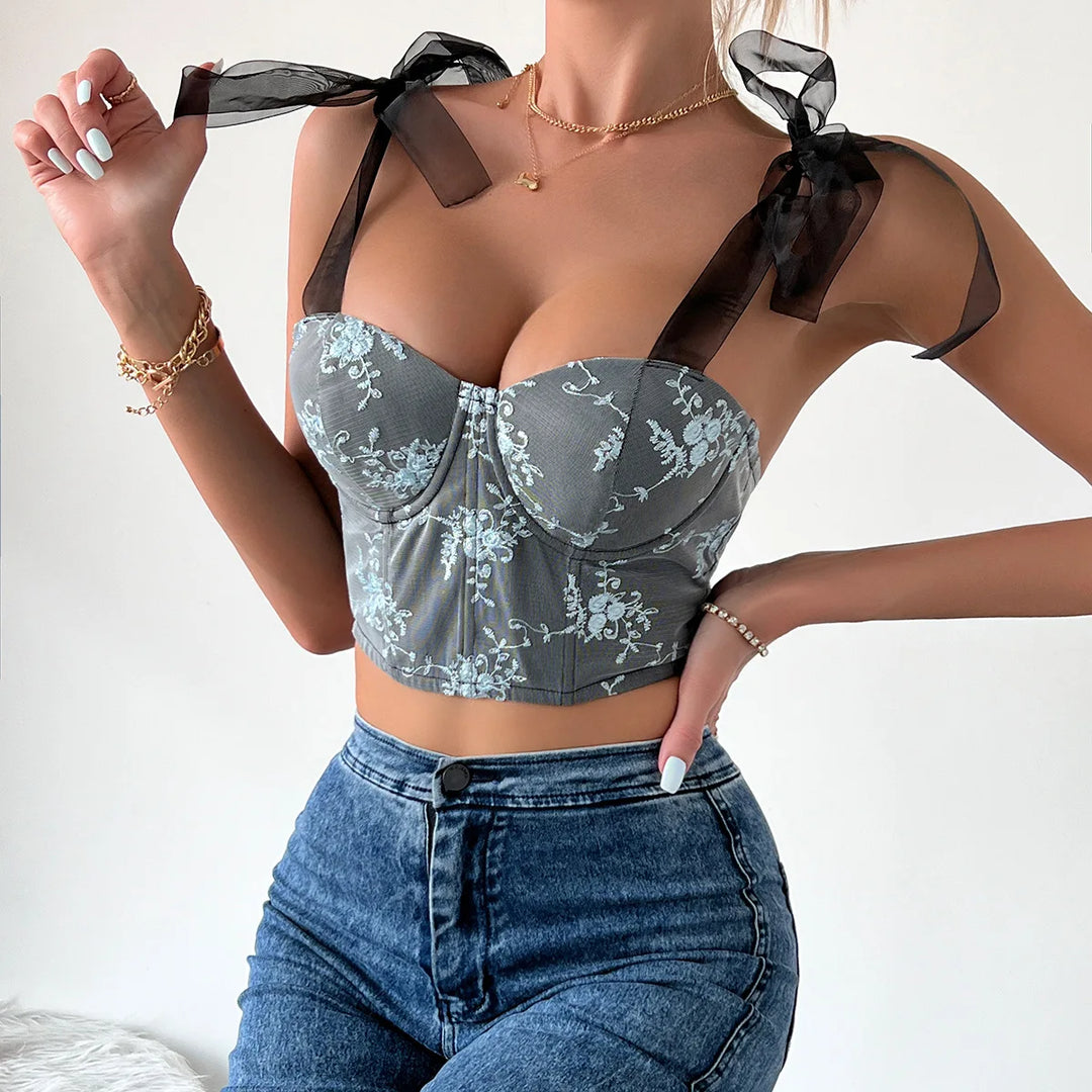 Embroidery Roses Tops with Ribbon Shoulder Belts
