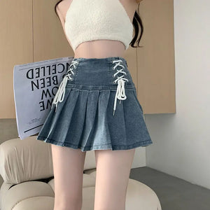 Lace-up Denim Pleated Skirts