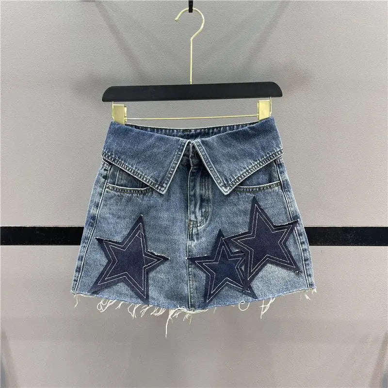 Folded waist star patch denim short skirt