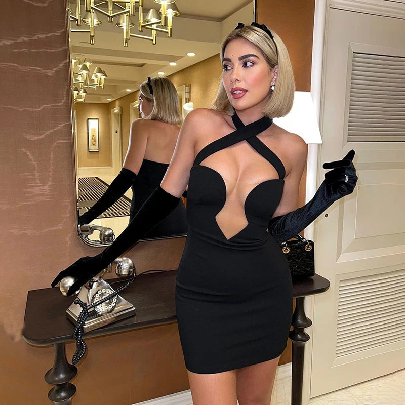 Hollow Out Halter Solid Color Mini Backless Dress