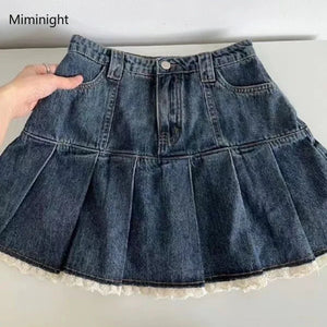 Sweet Lace Patchwork Y2k Pleated Mini Skirts