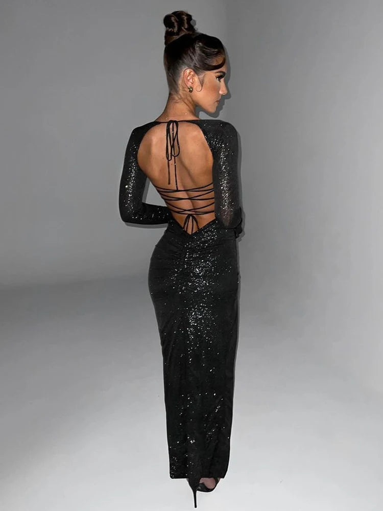 Sparkle Mesh High Split Sexy Maxi Dress